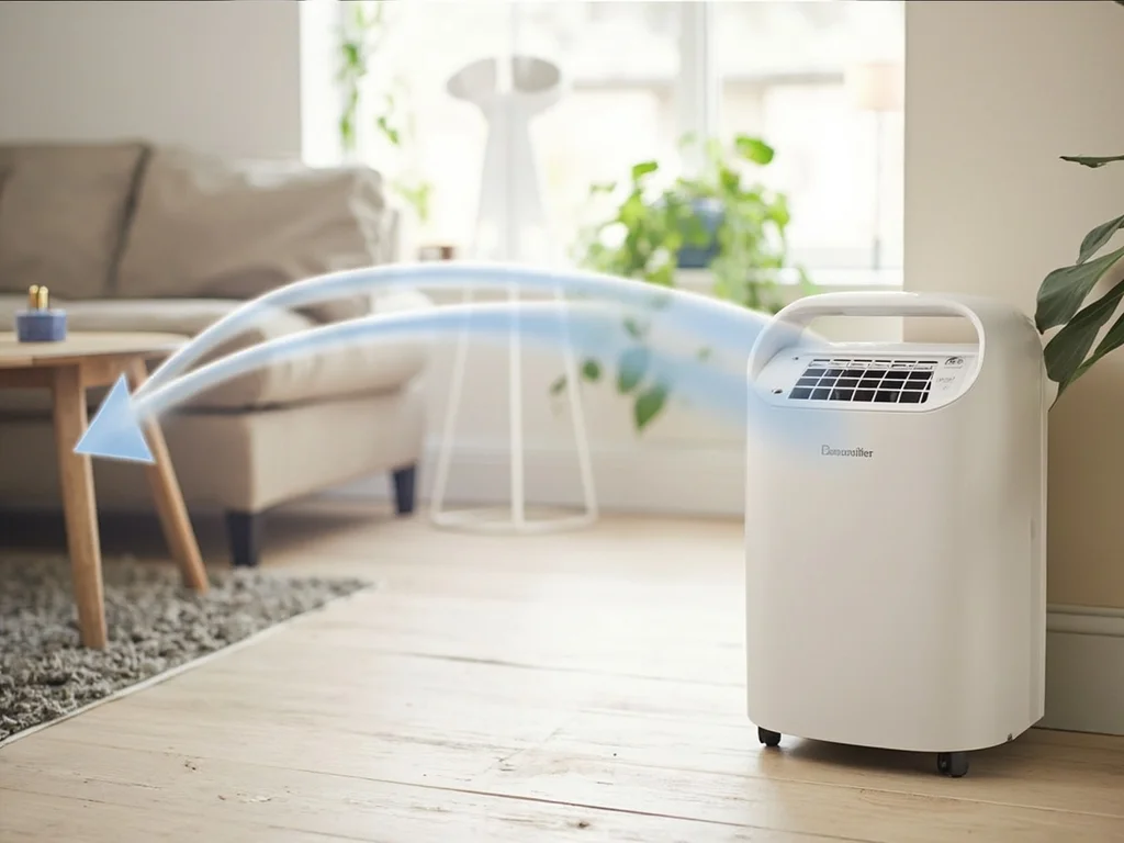 A portable dehumidifier placed with clear space around it in a room