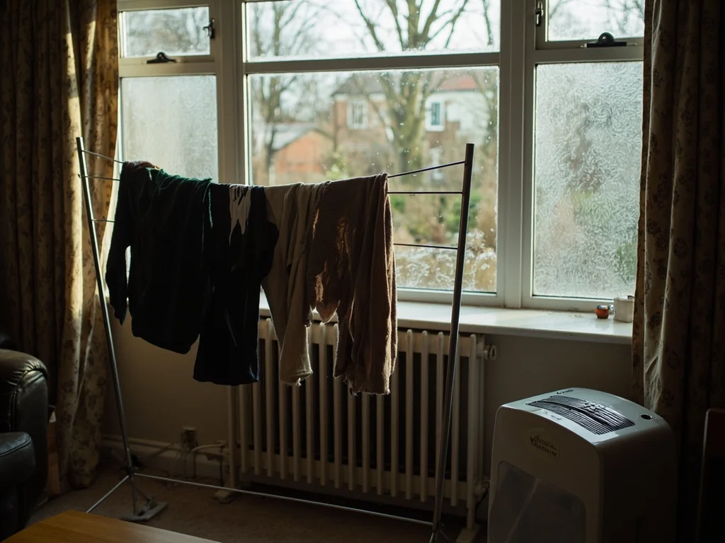 A dehumidifier positioned beside an indoor laundry drying rack