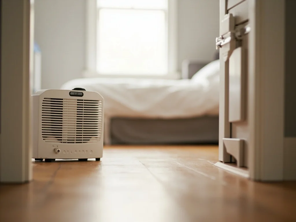 Small dehumidifier near a bedroom wall